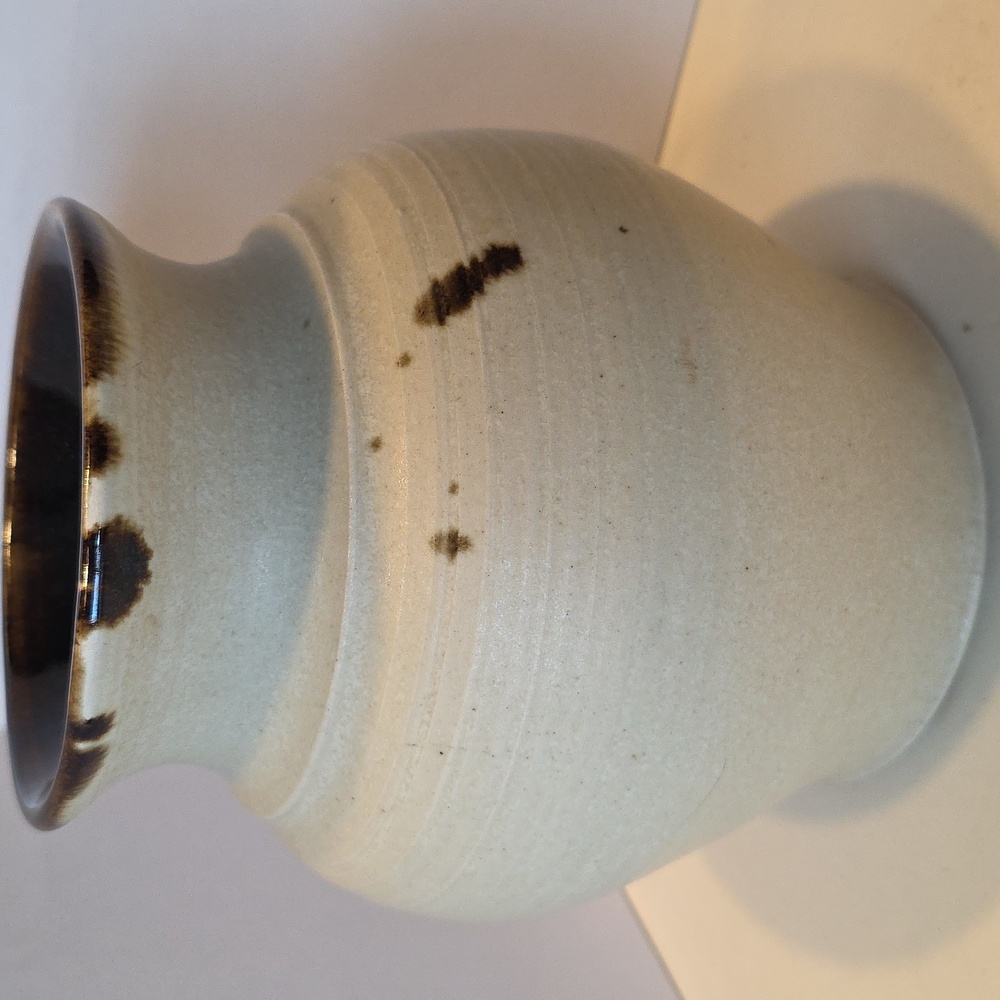 Vintage Pottery Vase Tan With Inside Dark Brown Glazed 8 Inches Tall